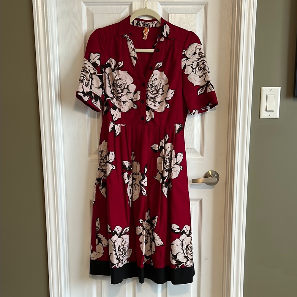 Maeve Red Midi Sundress with Mandarin Collar